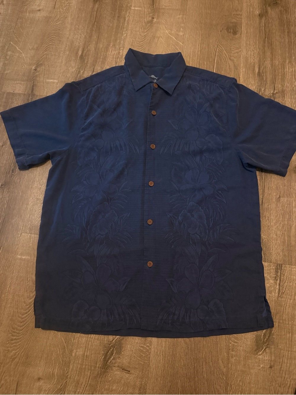 Tommy Bahama Kamari Border Navy Floral 100% silk jacquard Short-Sleeve Shirt SzL